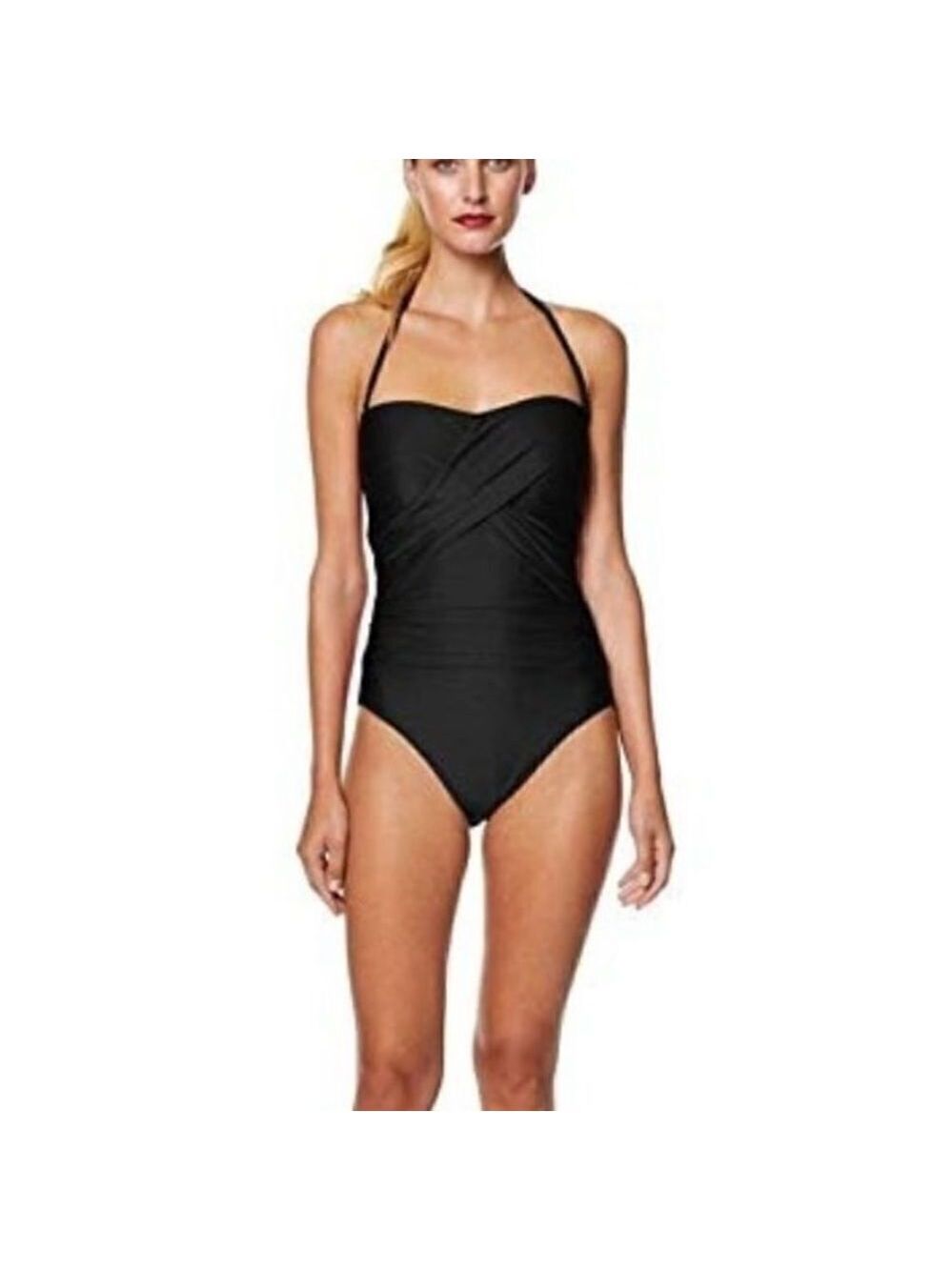 NEW Tahari Ruched Sweetheart One Piece Swimsuit Black Medium